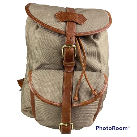 Vintage tan canvas and leather trim large adjustable strap backpack unisex Large Canvas Backpack With Canvas Flap and Leather Trim  main image 2